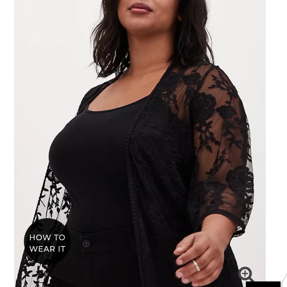 ๐1X-4X BLK SHEER MESH & FLORAL EMBROIDERY KIMONO - Picture 3 of 3